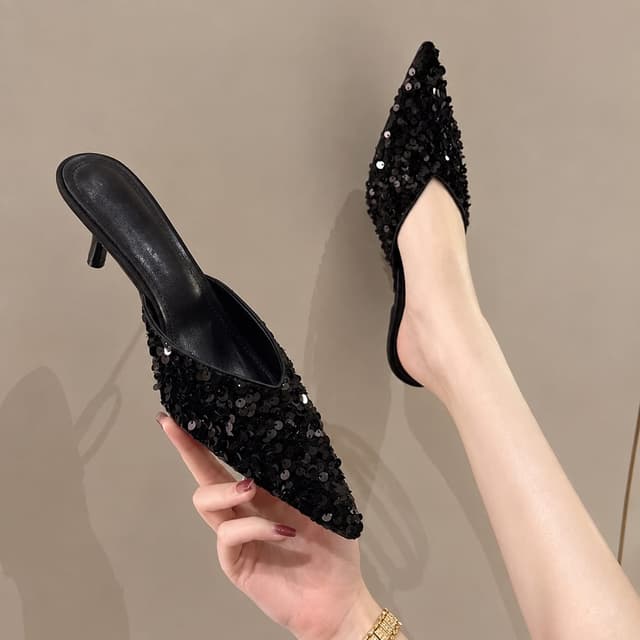 High Heels 2022 Spring New Fashion Pearl Sequins Pointed Toe Daily Stiletto Sandals Women Sandals - Fashion