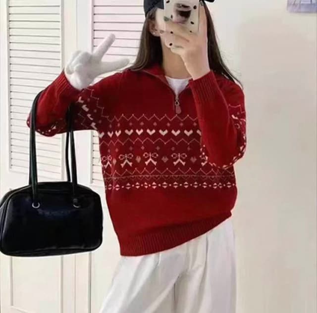 New Model Winter Special Free Size Full Sleeve Half Zipper Printed Woolen Sweater For Women