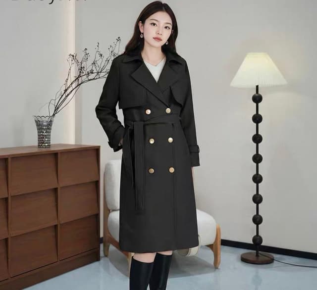 New Model Summer Slim Fit Long Lace-up Belted Long Trench Coat Retro Lapel Long Sleeve Double-breasted Loose Coat Fall