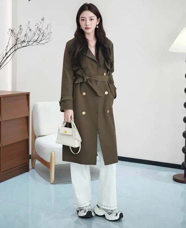 New Model Summer Slim Fit Long Lace-up Belted Long Trench Coat Retro Lapel Long Sleeve Double-breasted Loose Coat Fall