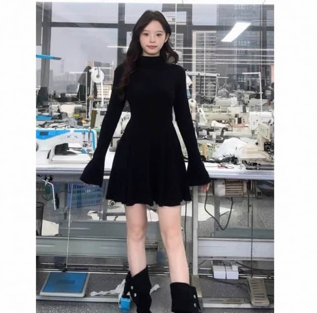 Women Rib Knitted Solid Color Dress Flare Sleeve Elastic Slim Mini Free Size Women Dresses