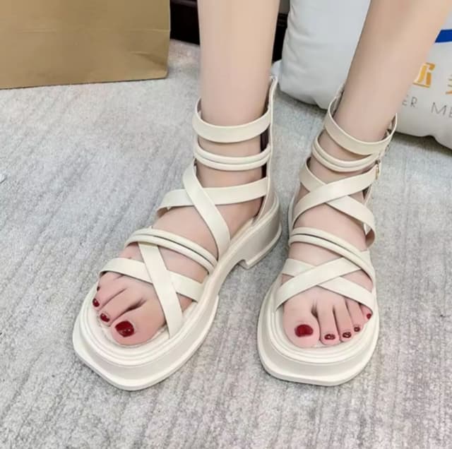 2025  Fashion New Fairy Style Thick Sole Sandal Low Heel Flat Gladiator Zip Cross-tied For Women's