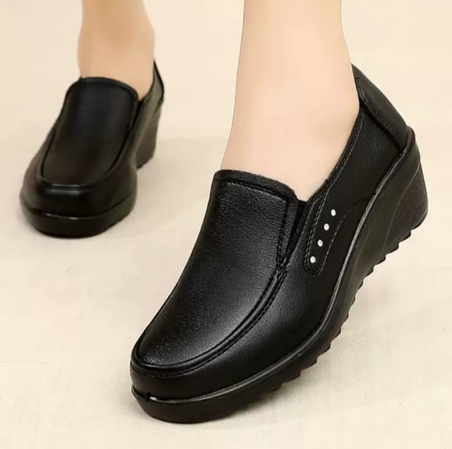 Fashion Elegant Deep Mouth Soft Leather Shoes Women Fall Spring 2025 Black Wedge Heels Pumps For Ladies Office Casual Work