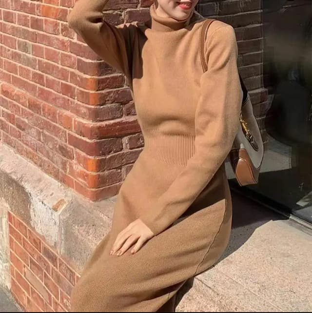 Winter Woolen Hgh-ineck Bodycon Dress For Women