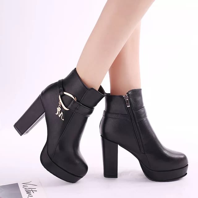 Women Boots Winter Casual Street High Heel Boots Comfortable Pu Leather Boots Botas Femininas Wild Bottes De Femmes