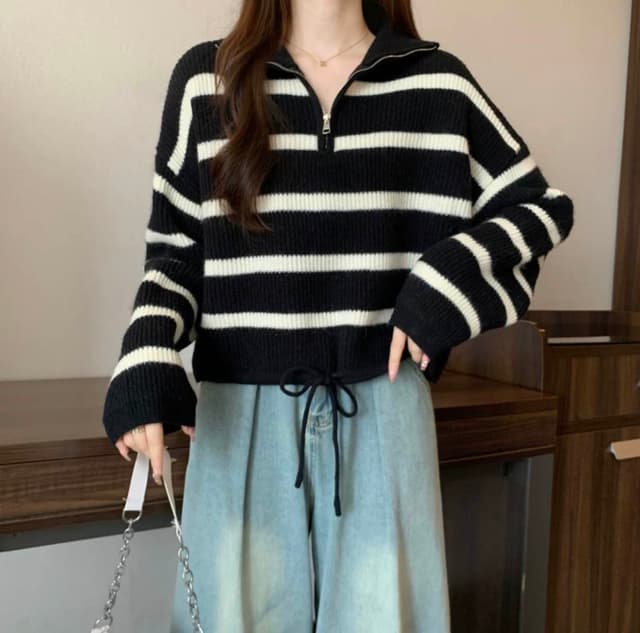 New Woolen Stripe Model Full Sleeve Half Zipper Sweater Winter Special For Women