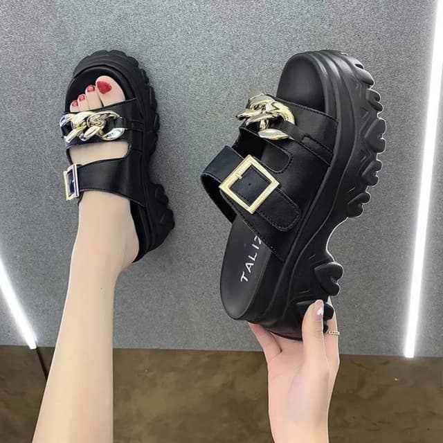 Brand Metal Chains Women Black Plaid Leather Sandals High Heel Beach Slides - Fashion | Women's Footwear |