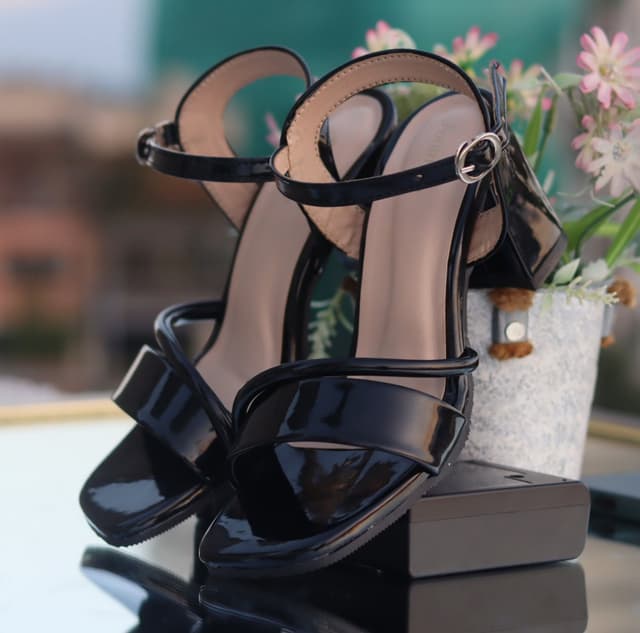 Elegant Glossy Black Block Heels – Ladies Stylish Ankle Strap Sandals