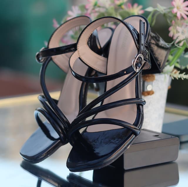 Elegant Glossy Black Strappy Block Heels – Ladies Stylish Sandals