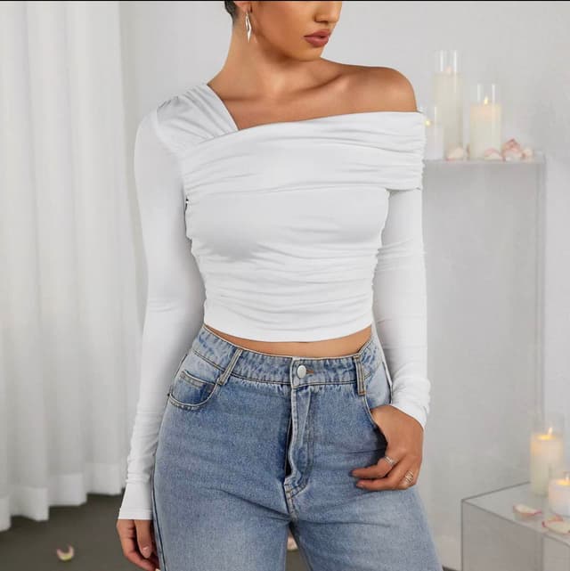 New Summer Special Plain Ones Side Offshulder Full Sleeve Croup T shirt for Women