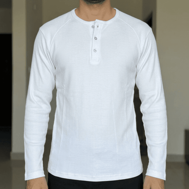 New Summer Special Full Sleeve 3 Bottom 100% Cotton Ribbed Henley T shirt For Men