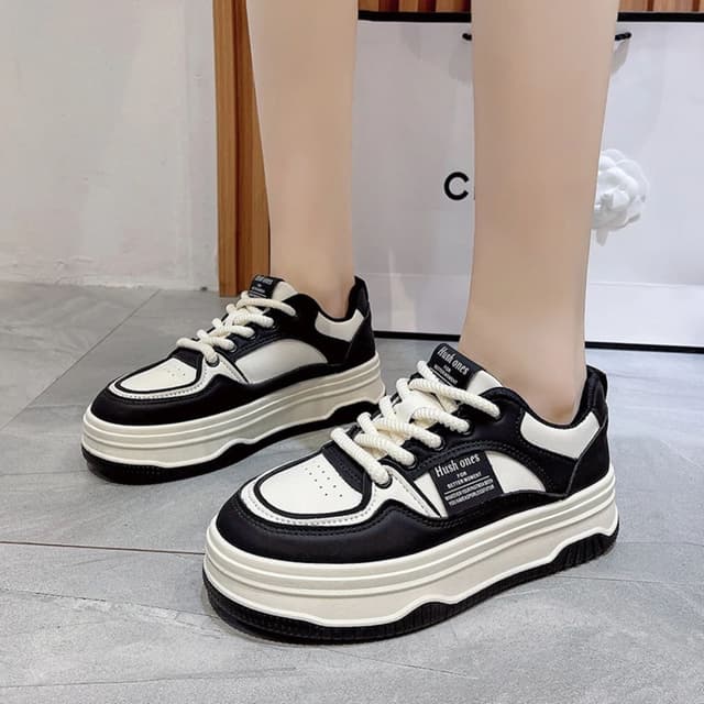5cm Genuine Leather Spring Autumn Korean Version Lace Up Comfy Fashion Platform Flat Casual  Sneakers For Women