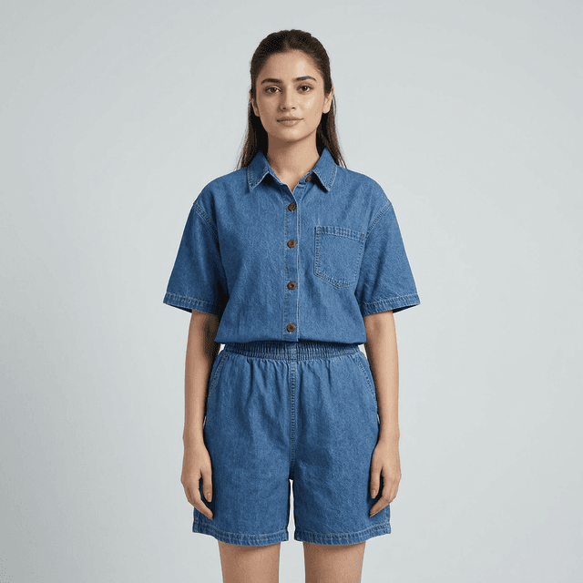 Shirt Set For Women Summer Denim Casual Oversized Style Light and Dark Blue Colors