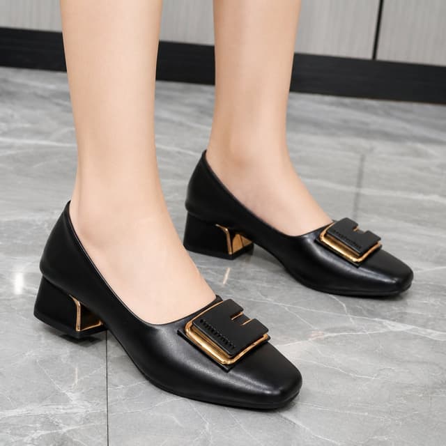 Premium Women's Elegant Square Toe Gold Buckle Block Heel Pumps – Soft Cushion, Lightweight & Anti-Slip