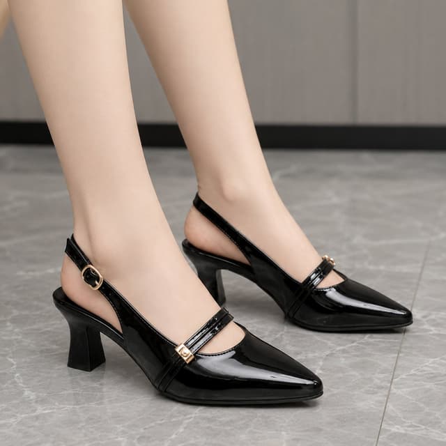 Premium Glossy Patent Pointed-Toe Slingback Block Heels