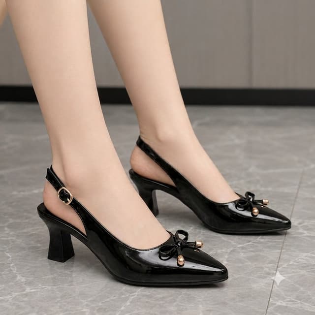 Women's Luxe Patent Leather Pointed-Toe Slingback Heels with Bow Accent