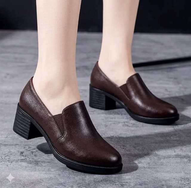 Elegant Leather Block Heels – Women's Office & Casual Pumps