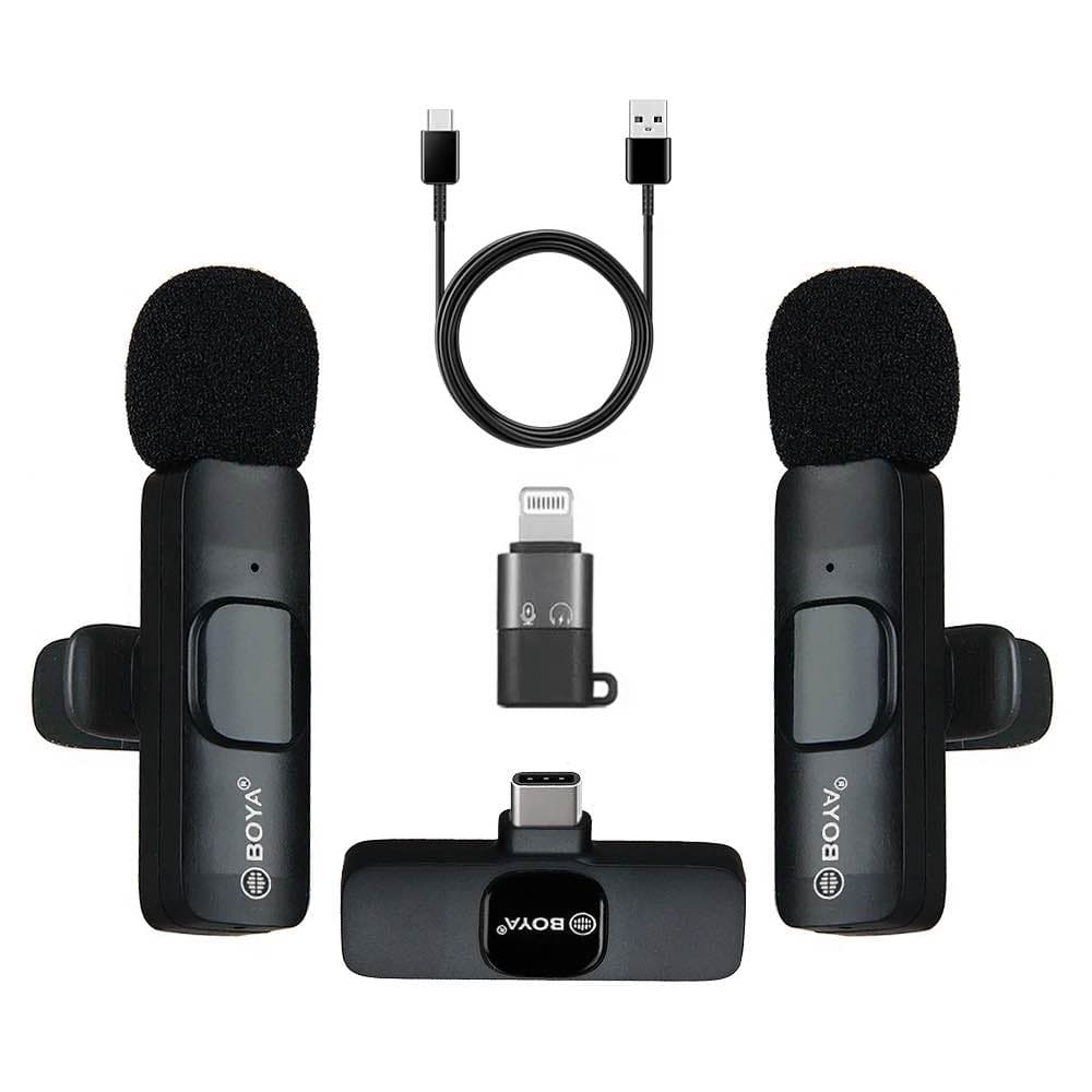 Bo ya Improved Wireless Lavalier With 2 Microphone with Adjustable Collar Clip and Adapter - for iPhone/Android/Computer - Mini Mic for Video Recording/Podcasts, Built-in Noise Cancelling Chip 1