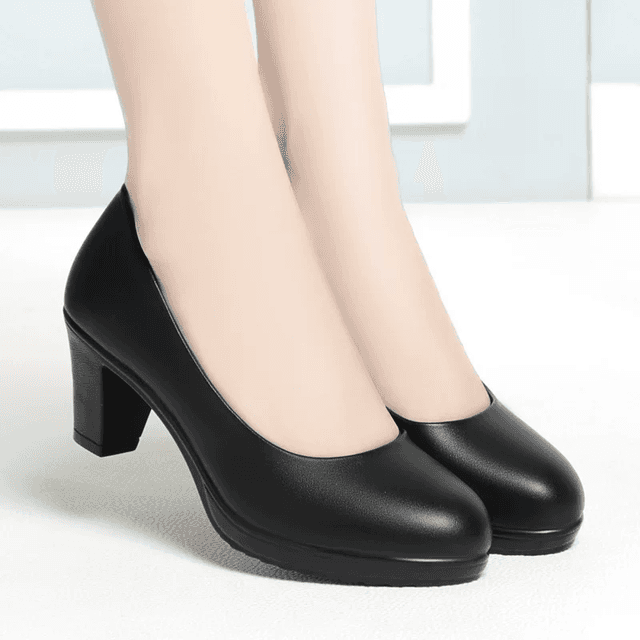 "ElegantEase Women's Black Leather Block Heel Pumps – Classic Office & Formal Wear"