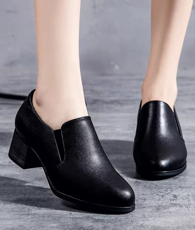 Fashion Elegant Deep Mouth Soft Leather Shoes Women Fall Spring 2024 Black Block Med Heels Pumps For Ladies Office Casual Work