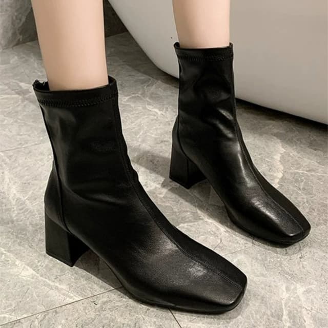 Premium Luxury Black Leather Calf Boots for Women – Elegant Square Toe Block Heel, Korean Fashion Autumn & Winter Boots