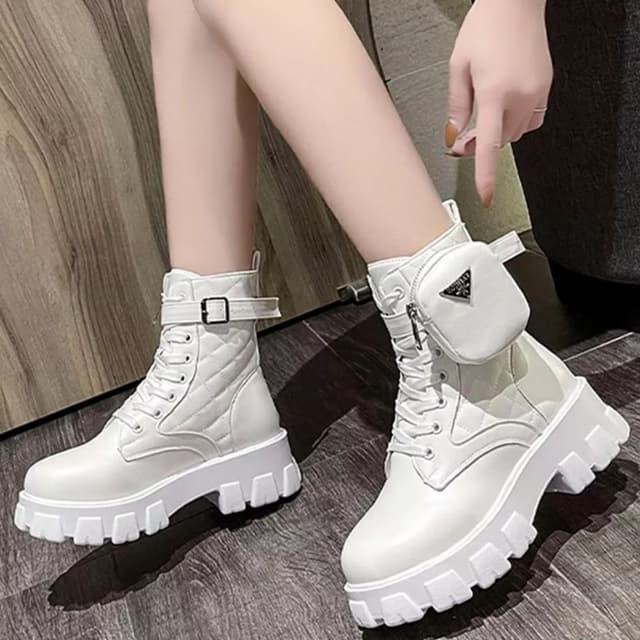Pocket Designer White Martin Boots Women Lace Up Chunky Heel Belt Buckle Women Boots - Fashion | Women's Footwear |