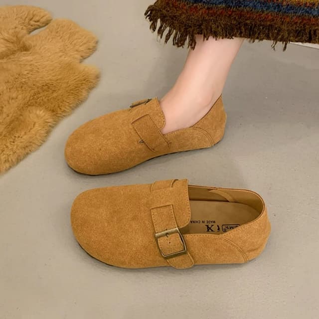 Elegant Camel Brown Suede Buckle Loafers – Chic Slip-On Comfort Shoes for Women