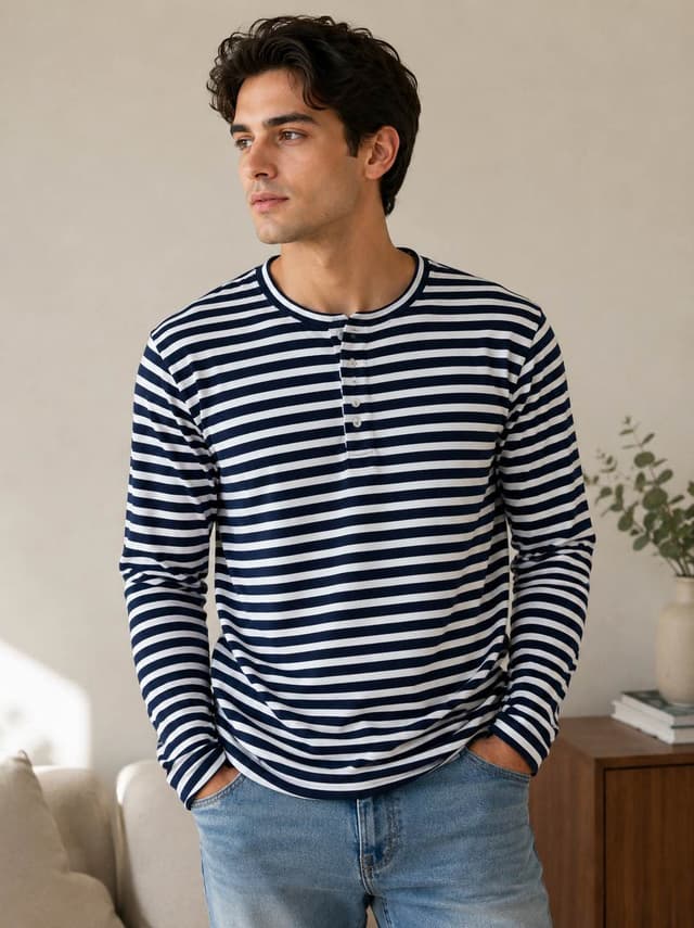 New summer special stripe full sleeve Henley t shirt for men