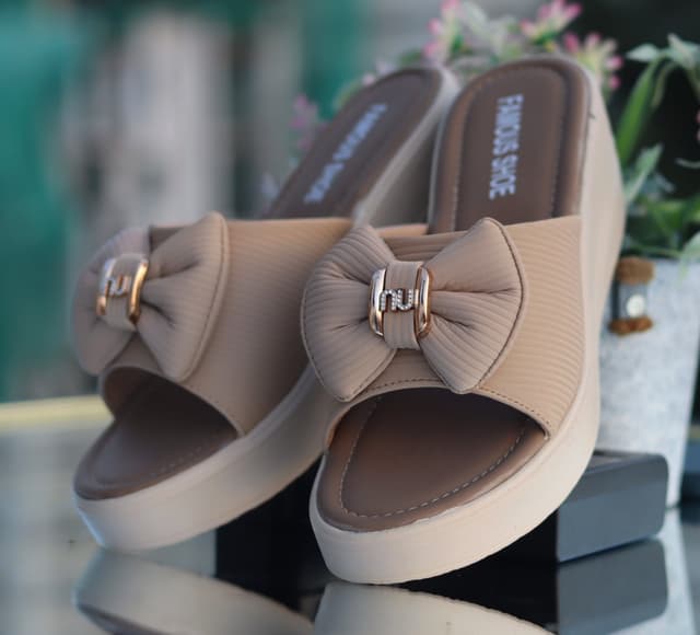 Elegant Beige Bow Slip-On Wedge Sandals – Ladies Stylish Comfort Wear