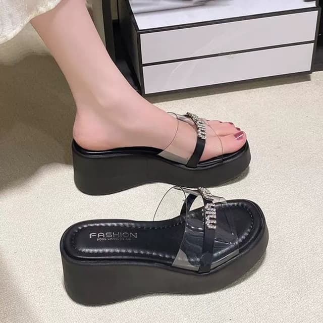 Elegant Women's Crystal Embellished Transparent Strap Platform Sandals – Off White & Black