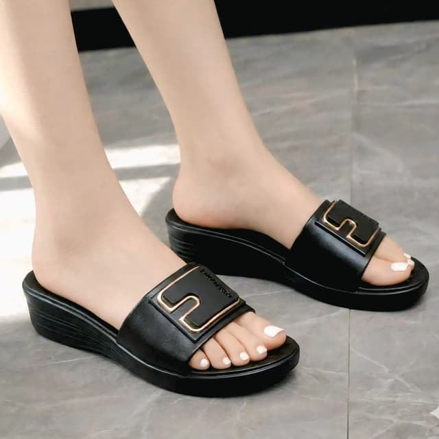 Women's Premium Soft Leather Comfort Wedge Slide Sandals – Open Toe Platform Slippers with Gold Buckle Accent
