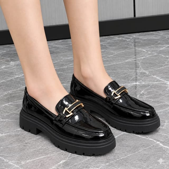 Premium Black Buckle Platform Loafers for Women – British-Style Chunky Slip-On Shoes with Shiny Finish