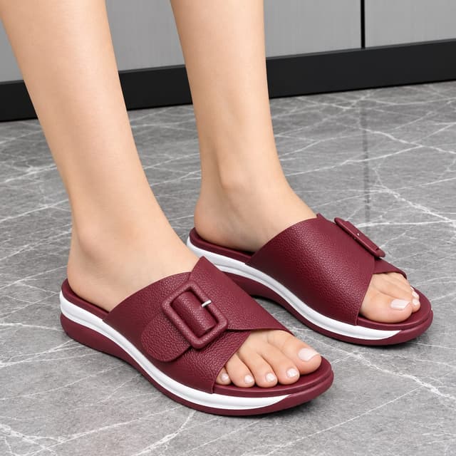 Premium Burgundy Textured Platform Wedge Sandals for Women with Wide Asymmetric Single Strap, Cushioned Ergonomic Footbed & Statement Buckle