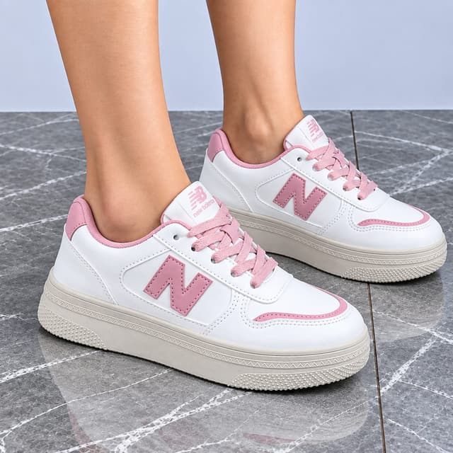 LuxeStride Urban Classic Platform Sneakers for Women – Premium White & Pink Leather Casual Shoes