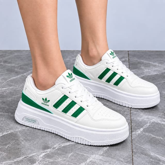 LuxeStride Retro Luxe Platform Sneakers for Women – Premium White & Green Casual Shoes
