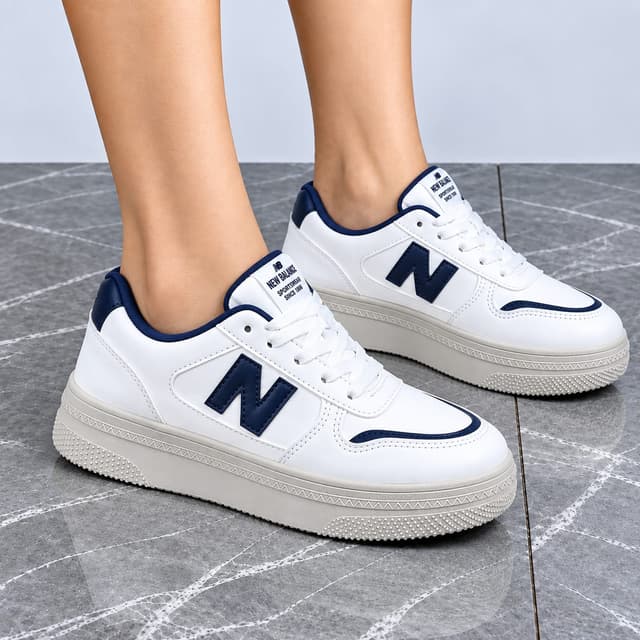 LuxeStride Urban Classic Platform Sneakers for Women – Premium White & Navy Leather Casual Shoes