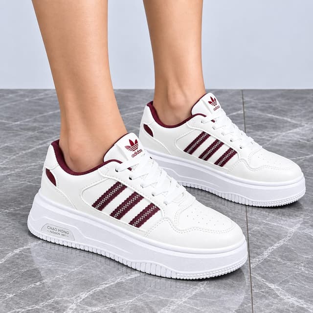 LuxeStride Retro Luxe Platform Sneakers for Women – Premium White & Burgundy Casual Shoes