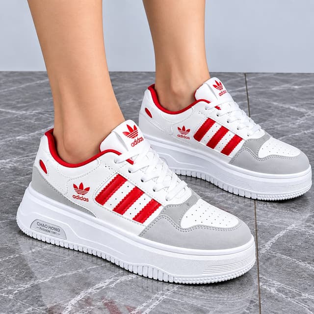 LuxeStride Retro Luxe Platform Sneakers for Women – Premium White & Red Casual Shoes
