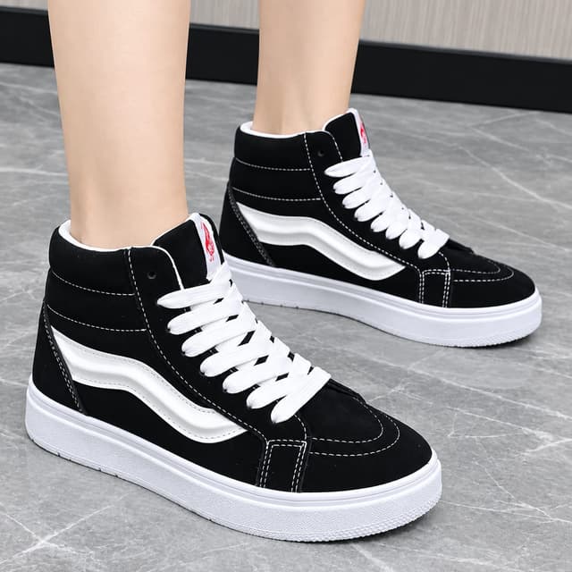 Women’s Premium High-Top Black & White Platform Sneakers – Classic Casual Lace-Up Shoes