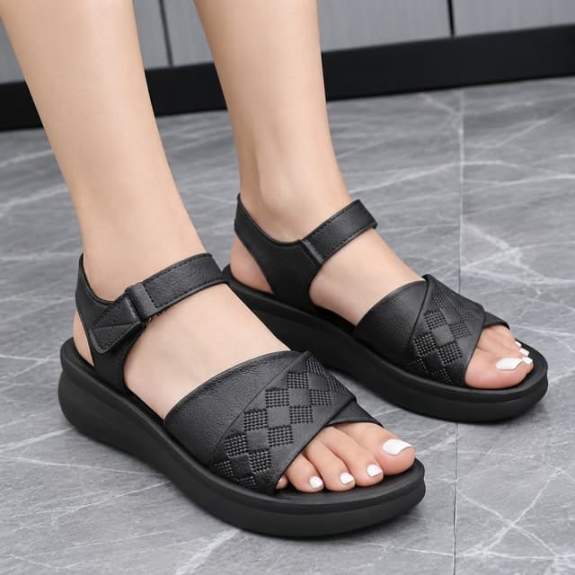 Elegant Women’s Textured Leather Wedge Sandals – Black Edition