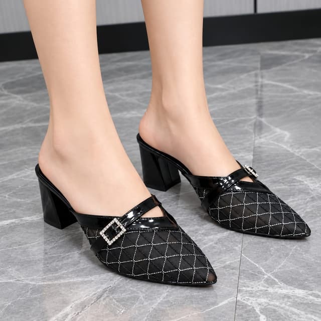 Elegant Women’s Quilted Mesh Pointed-Toe Block-Heel Mules – Black Edition