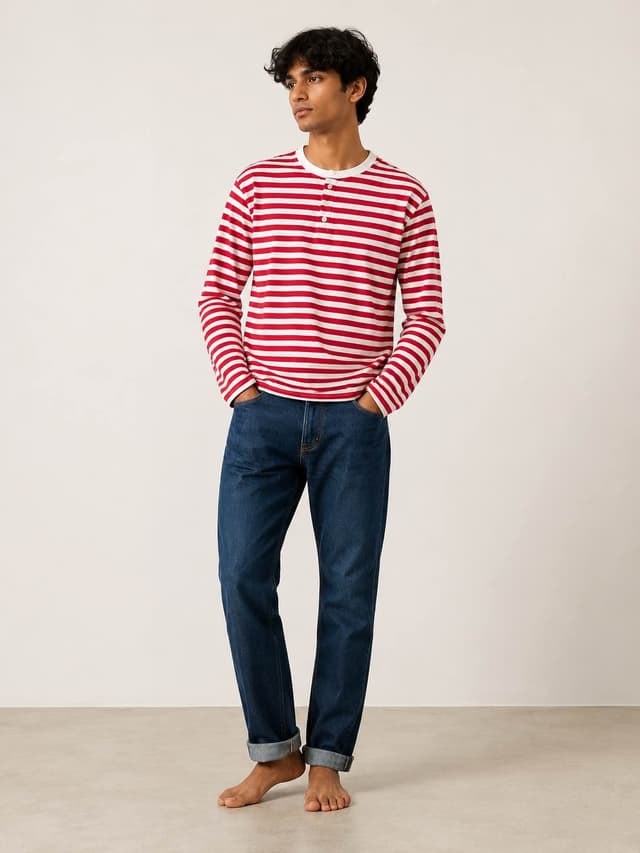 New summer special stripe full sleeve cotton Henley t shirt for men