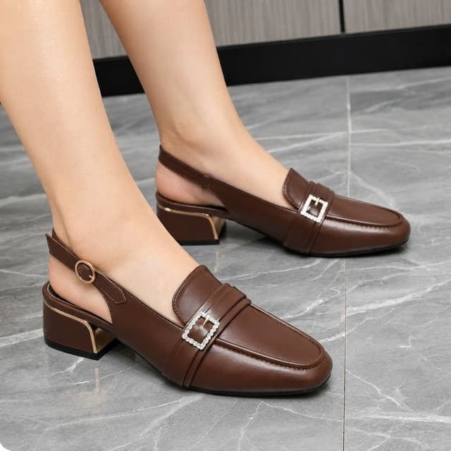 Premium Women’s Brown Buckle Slingback Block Heel Loafers