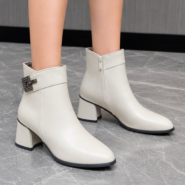 Luxurious Women’s Crocodile-Texture Leather Ankle Boots with Buckle Detail & Block Heel – Brown
