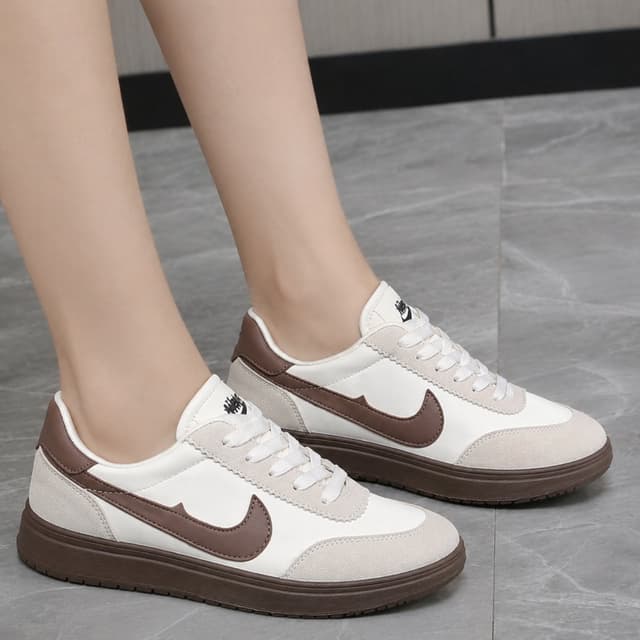 Korean LuxeStride Women’s Elegant Low-Top Sneakers – White & Coffee Brown