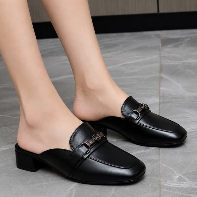 Elegant Women’s Black Leather-Look Buckle Detail Block Heel Loafers