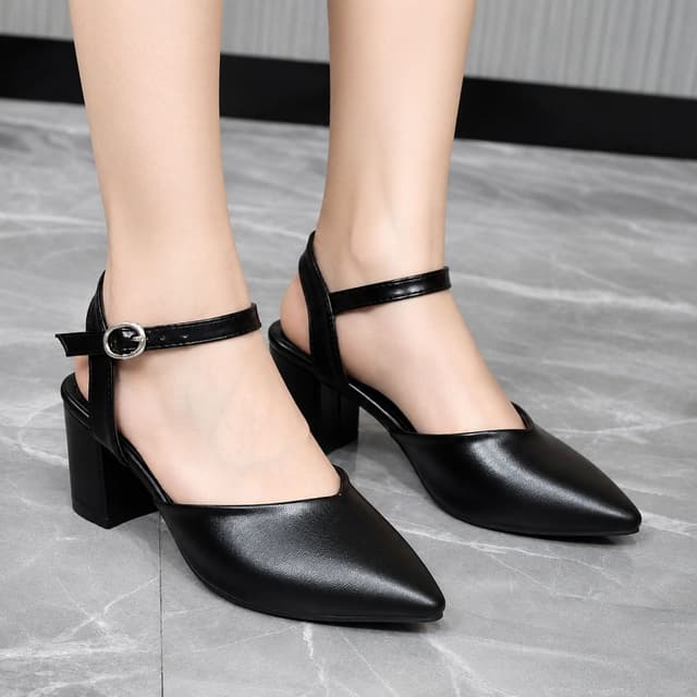 Elegant Luxe Pointed-Toe Ankle-Strap Block Heel Pumps with Buckle Detail