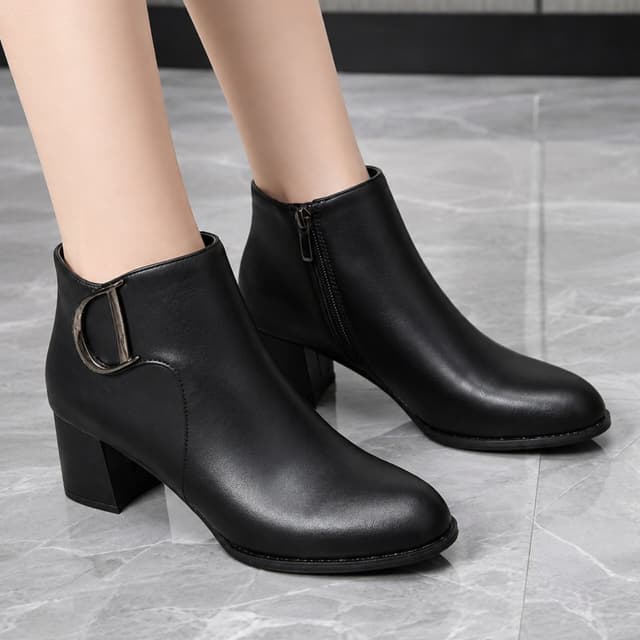 Premium Elegant Luxurious Women’s Leather Ankle Boots with Buckle Block Heel