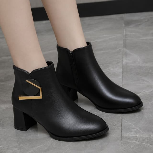 Premium Elegant Luxurious Women’s Gold Accent Block-Heel Ankle Boots