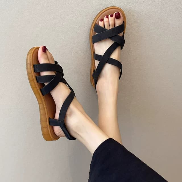 LuxuriousStride Women's Criss-Cross Leather Flat Sandals – Effortless Elegance & All-Day Comfort